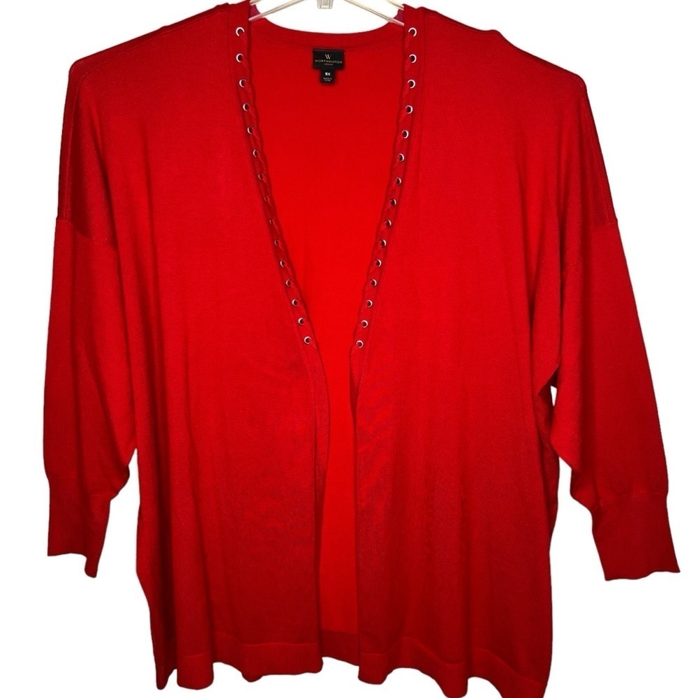 Worthington Red Cardigan Sweater Size 5X Open Front Long Line Grommet Details